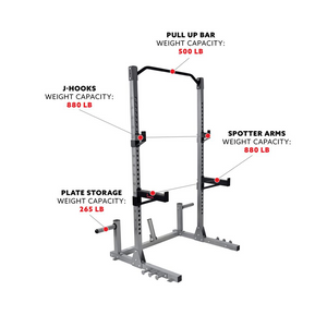 Power and Squat Rack with High Weight Capacity, Olympic Weight Plate Storage and 360° Swivel Landmine and Power Band Attachment